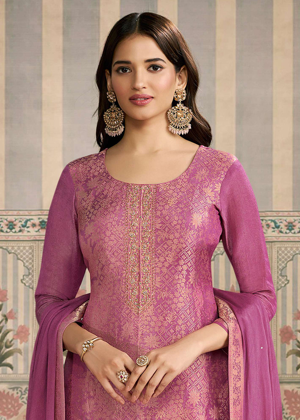 Buy Now Purple Shimmer Jacquard Handwork Salwar Suit Online in US, UK, Canada, Germany, Italy, France, Australia, Norway, UAE & Worldwide at Empress Clothing.