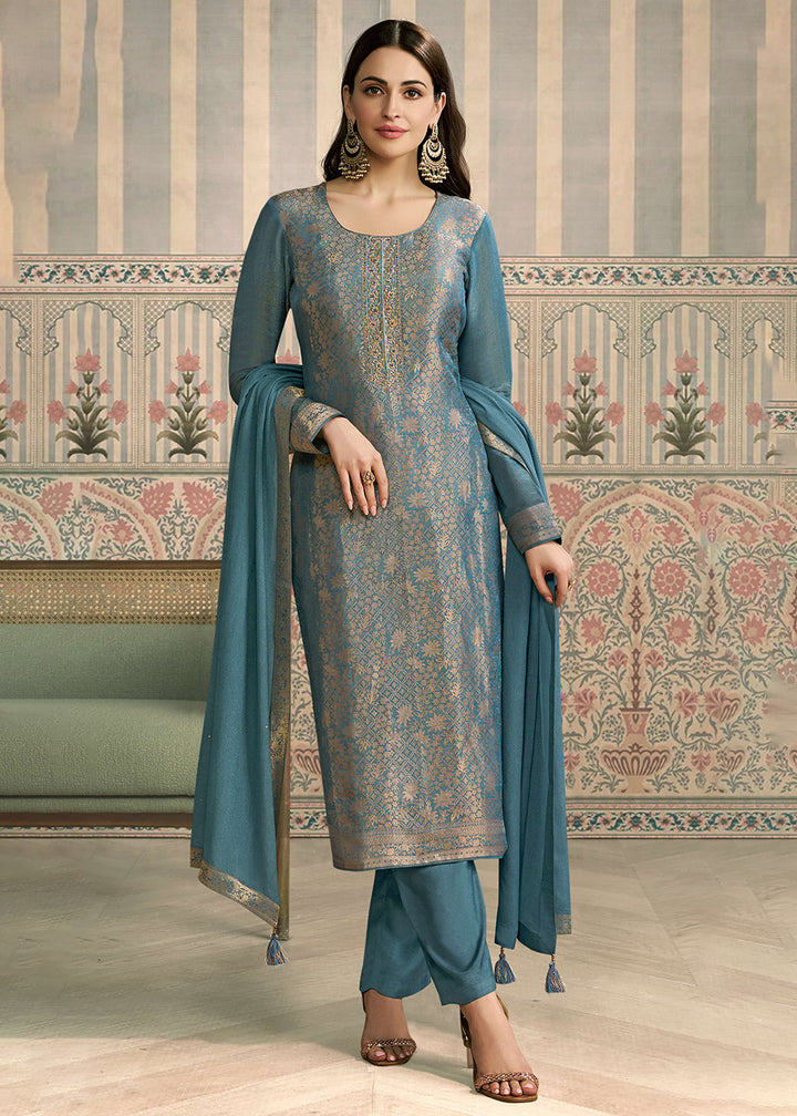 Buy Now Blue Shimmer Jacquard Handwork Salwar Suit Online in US, UK, Canada, Germany, Italy, France, Australia, Norway, UAE & Worldwide at Empress Clothing.