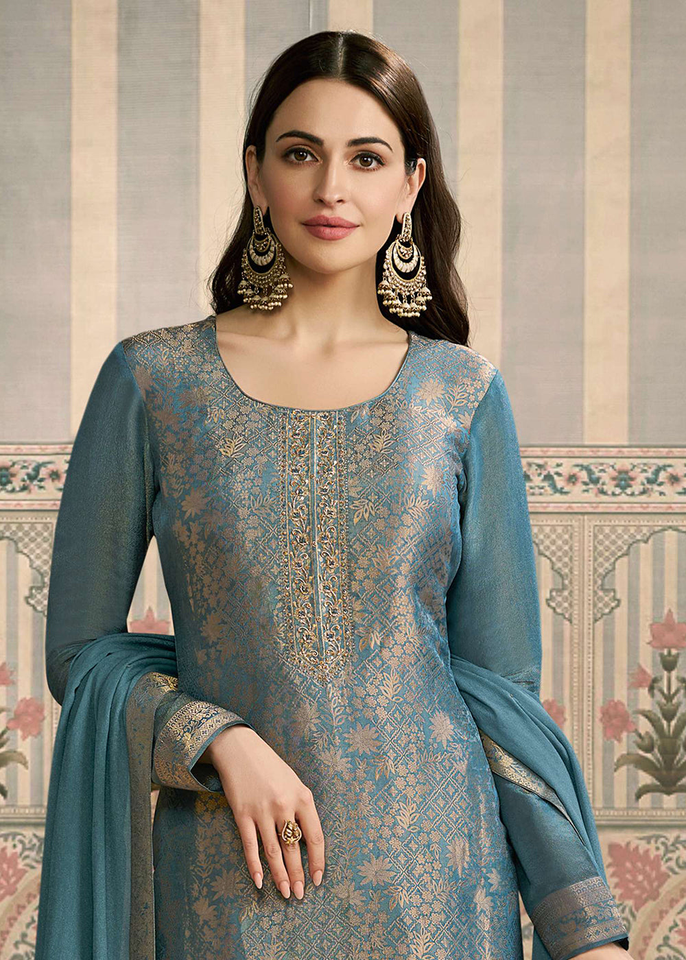 Buy Now Blue Shimmer Jacquard Handwork Salwar Suit Online in US, UK, Canada, Germany, Italy, France, Australia, Norway, UAE & Worldwide at Empress Clothing.