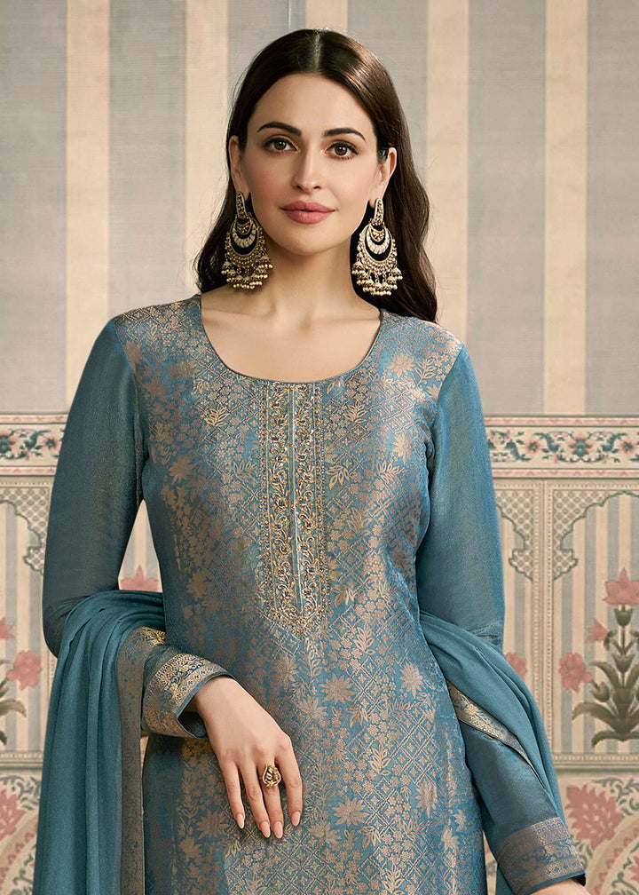 Buy Now Blue Shimmer Jacquard Handwork Salwar Suit Online in US, UK, Canada, Germany, Italy, France, Australia, Norway, UAE & Worldwide at Empress Clothing.