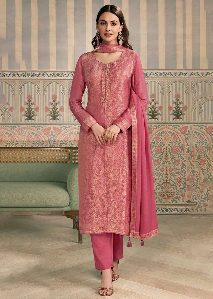 Buy Now Peach Shimmer Jacquard Handwork Salwar Suit Online in US, UK, Canada, Germany, Italy, France, Australia, Norway, UAE & Worldwide at Empress Clothing.