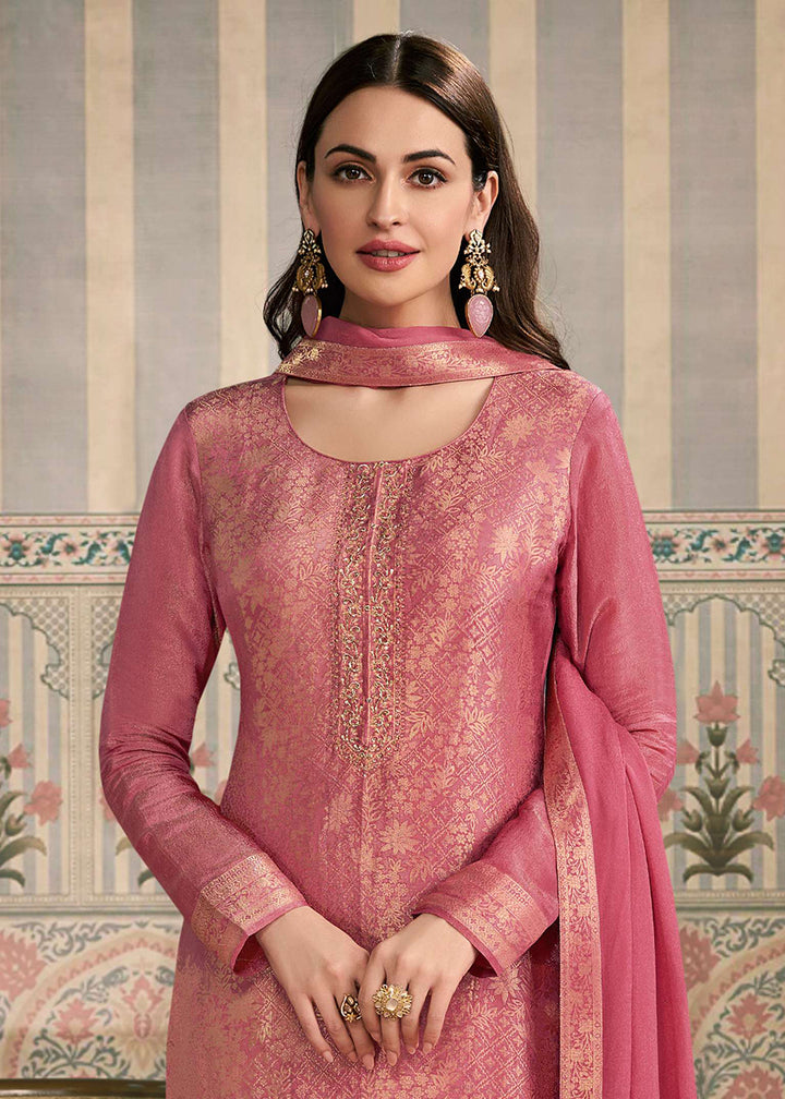Buy Now Peach Shimmer Jacquard Handwork Salwar Suit Online in US, UK, Canada, Germany, Italy, France, Australia, Norway, UAE & Worldwide at Empress Clothing.