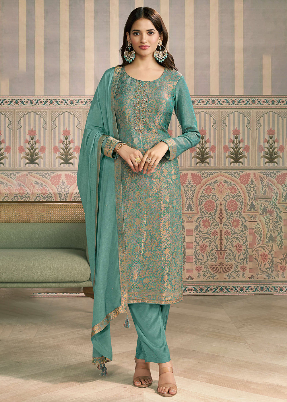 Buy Now Green Shimmer Jacquard Handwork Salwar Suit Online in US, UK, Canada, Germany, Italy, France, Australia, Norway, UAE & Worldwide at Empress Clothing.
