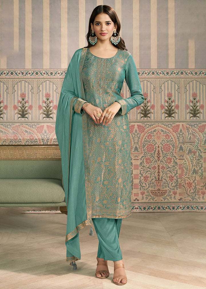 Buy Now Green Shimmer Jacquard Handwork Salwar Suit Online in US, UK, Canada, Germany, Italy, France, Australia, Norway, UAE & Worldwide at Empress Clothing.