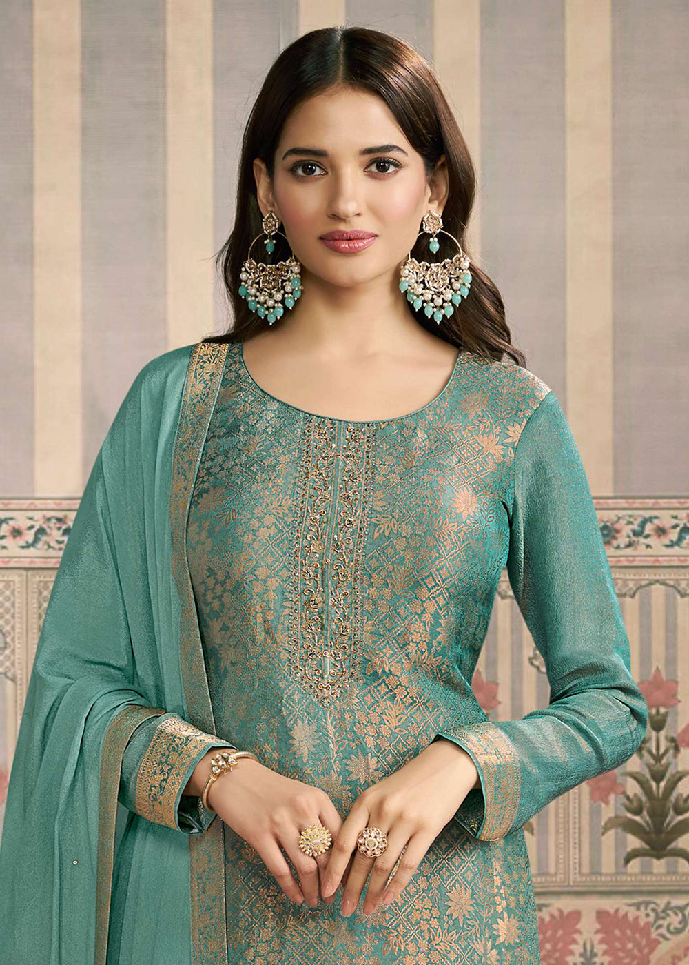 Buy Now Green Shimmer Jacquard Handwork Salwar Suit Online in US, UK, Canada, Germany, Italy, France, Australia, Norway, UAE & Worldwide at Empress Clothing.