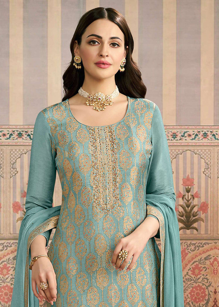 Buy Now Green Handwork Shimmer Jacquard Festive Salwar Suit Online in US, UK, Canada, Germany, Italy, France, Australia, UAE & Worldwide at Empress Clothing.