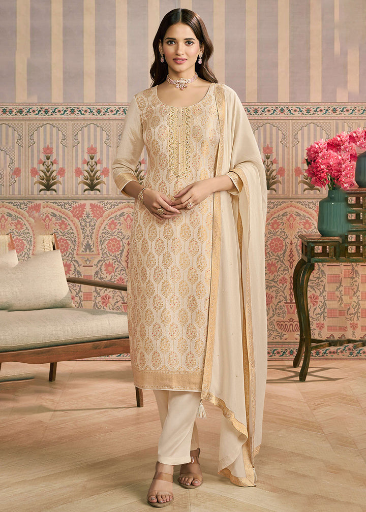 Buy Now Cream Handwork Shimmer Jacquard Festive Salwar Suit Online in US, UK, Canada, Germany, Italy, France, Australia, UAE & Worldwide at Empress Clothing.