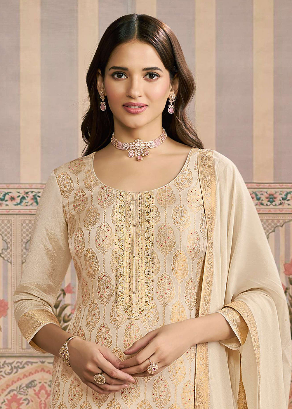 Buy Now Cream Handwork Shimmer Jacquard Festive Salwar Suit Online in US, UK, Canada, Germany, Italy, France, Australia, UAE & Worldwide at Empress Clothing.