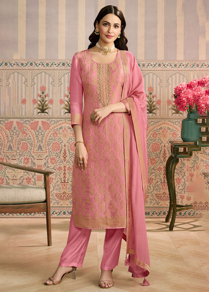 Buy Now Pink Handwork Shimmer Jacquard Festive Salwar Suit Online in US, UK, Canada, Germany, Italy, France, Australia, UAE & Worldwide at Empress Clothing.