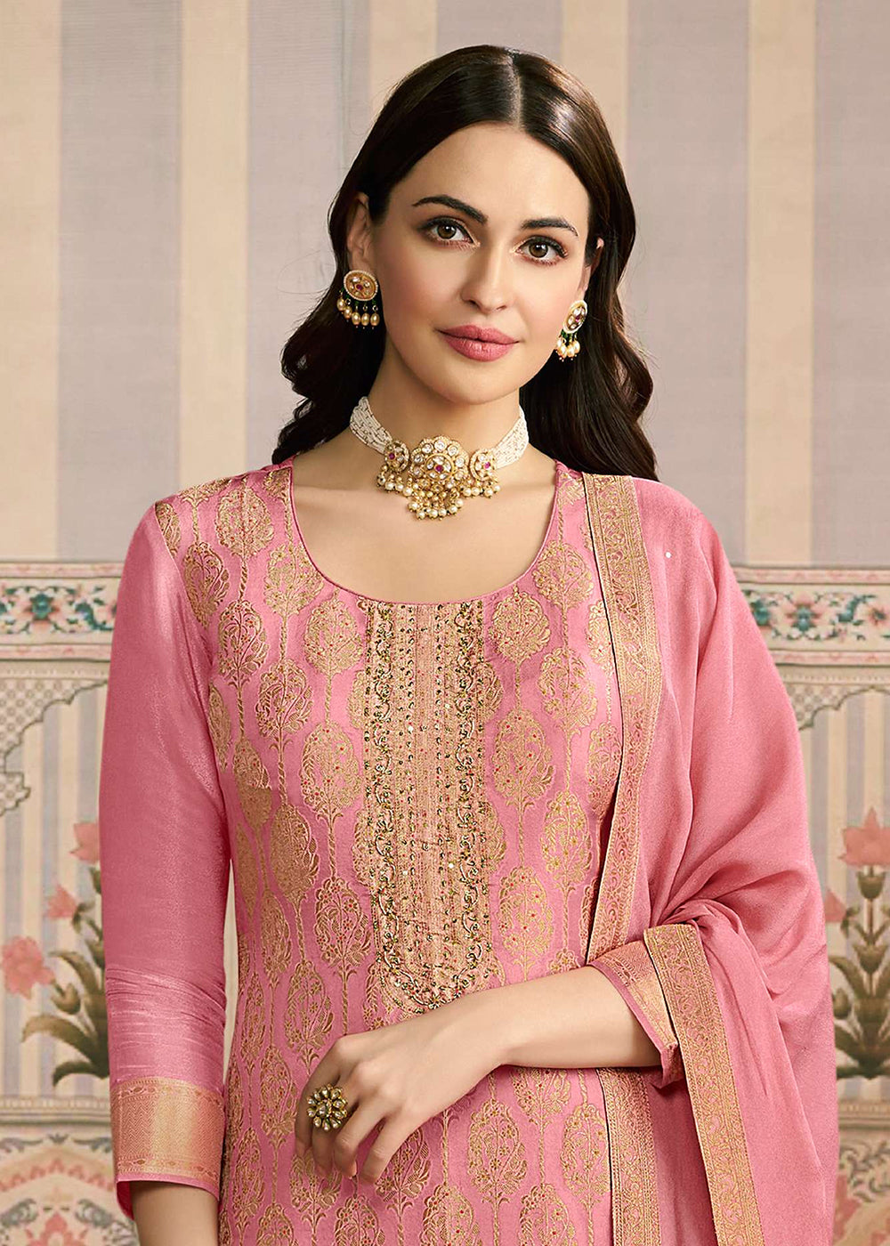 Buy Now Pink Handwork Shimmer Jacquard Festive Salwar Suit Online in US, UK, Canada, Germany, Italy, France, Australia, UAE & Worldwide at Empress Clothing.