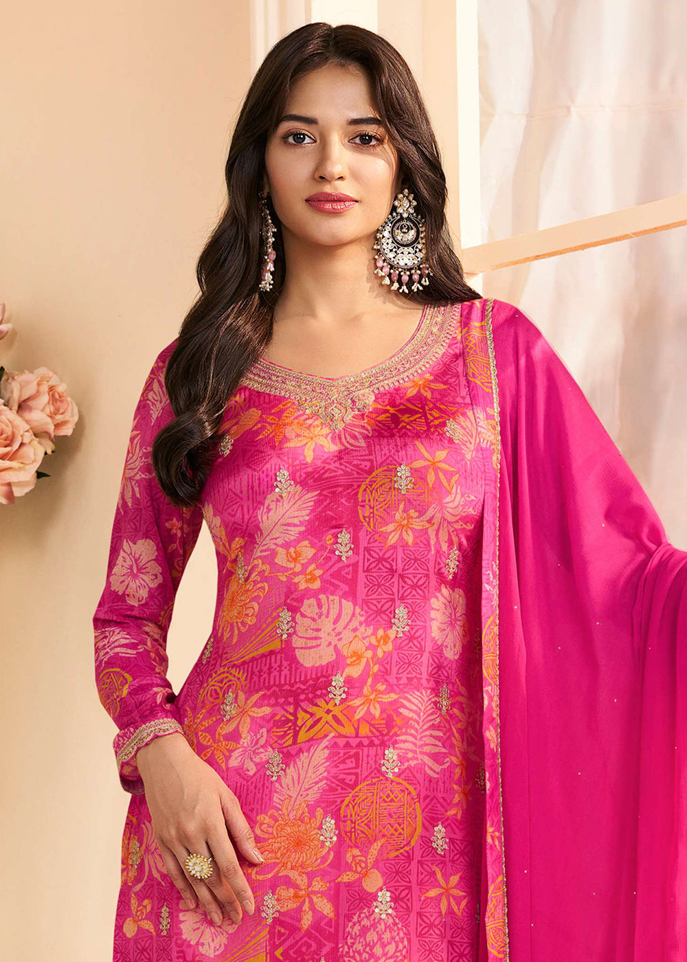Buy Now Floral Digital Printed Pink Chinnon Silk Salwar Suit Online in US, UK, Canada, Germany, Italy, France, Australia, UAE & Worldwide at Empress Clothing.