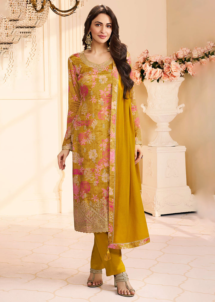 Buy Now Floral Digital Printed Yellow Chinnon Silk Salwar Suit Online in US, UK, Canada, Germany, Italy, France, Australia, UAE & Worldwide at Empress Clothing.