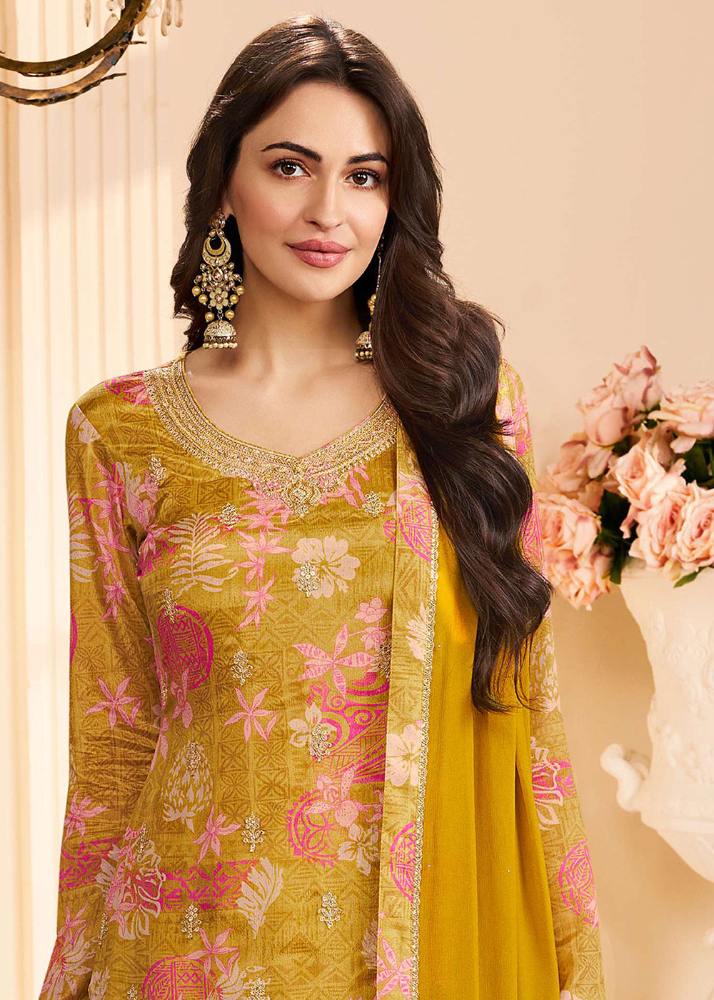 Buy Now Floral Digital Printed Yellow Chinnon Silk Salwar Suit Online in US, UK, Canada, Germany, Italy, France, Australia, UAE & Worldwide at Empress Clothing.