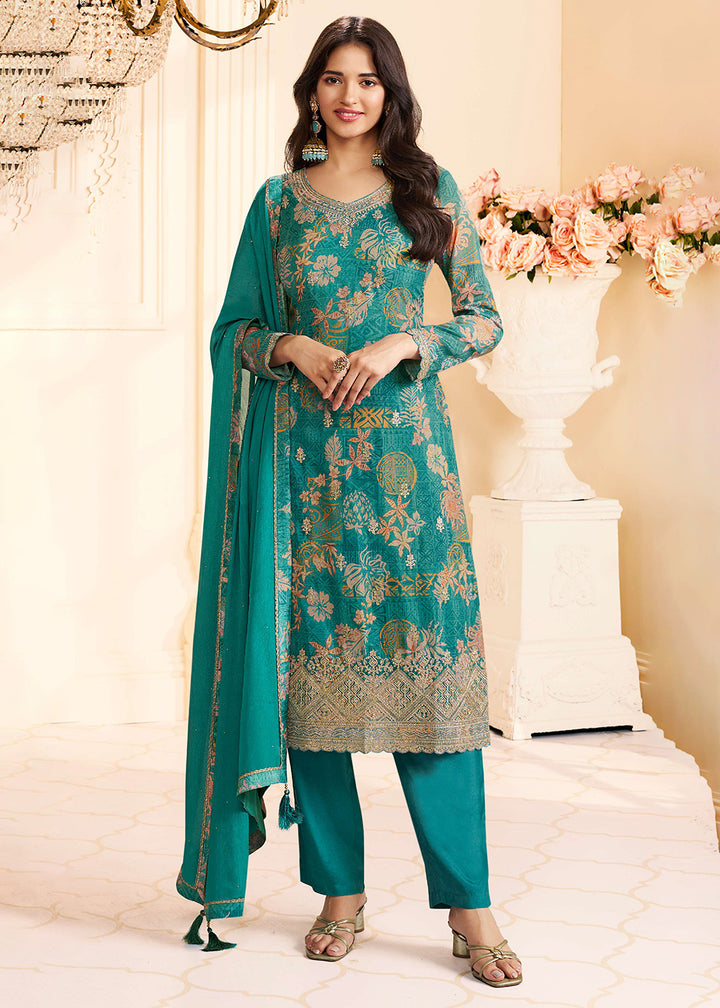 Buy Now Floral Digital Printed Green Chinnon Silk Salwar Suit Online in US, UK, Canada, Germany, Italy, France, Australia, UAE & Worldwide at Empress Clothing.