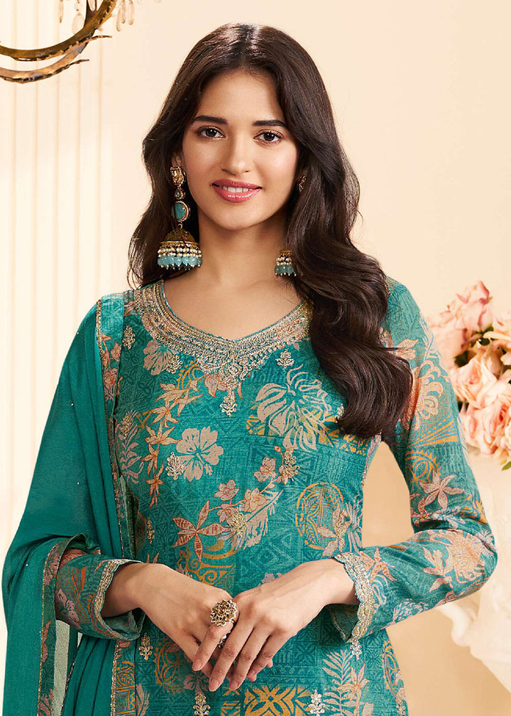 Buy Now Floral Digital Printed Green Chinnon Silk Salwar Suit Online in US, UK, Canada, Germany, Italy, France, Australia, UAE & Worldwide at Empress Clothing.