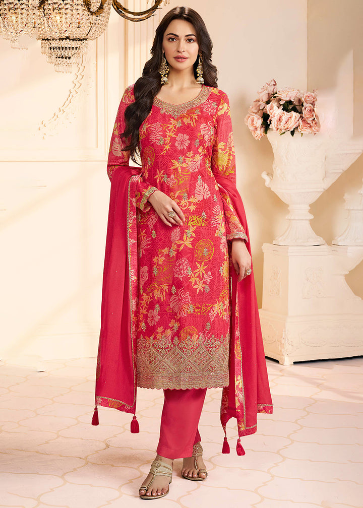 Buy Now Floral Digital Printed Red Chinnon Silk Salwar Suit Online in US, UK, Canada, Germany, Italy, France, Australia, UAE & Worldwide at Empress Clothing.