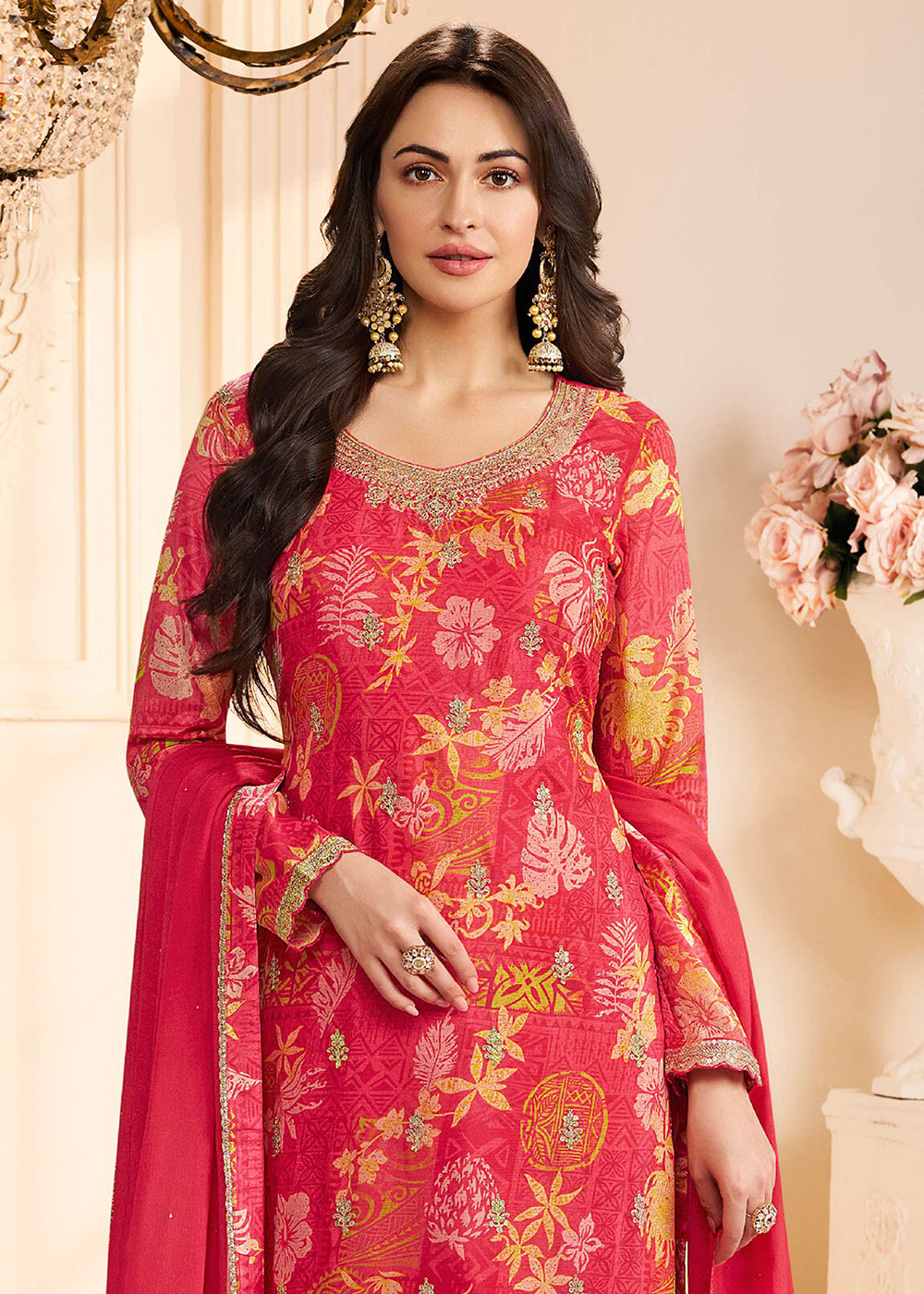 Buy Now Floral Digital Printed Red Chinnon Silk Salwar Suit Online in US, UK, Canada, Germany, Italy, France, Australia, UAE & Worldwide at Empress Clothing.