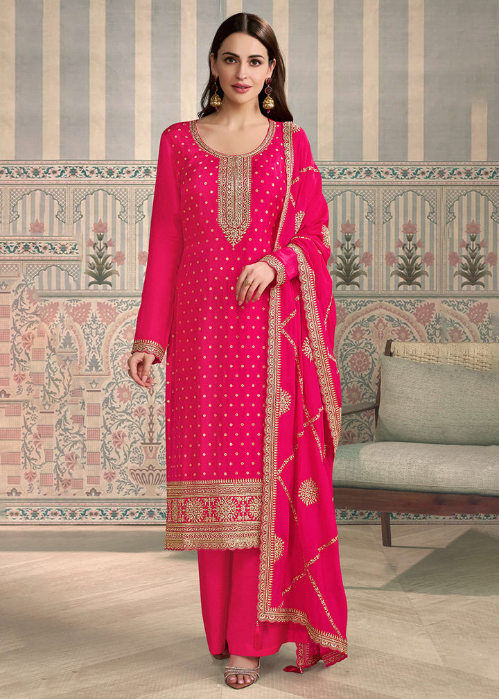Rani Pink Viscose Silk Embroidered Salwar Suit