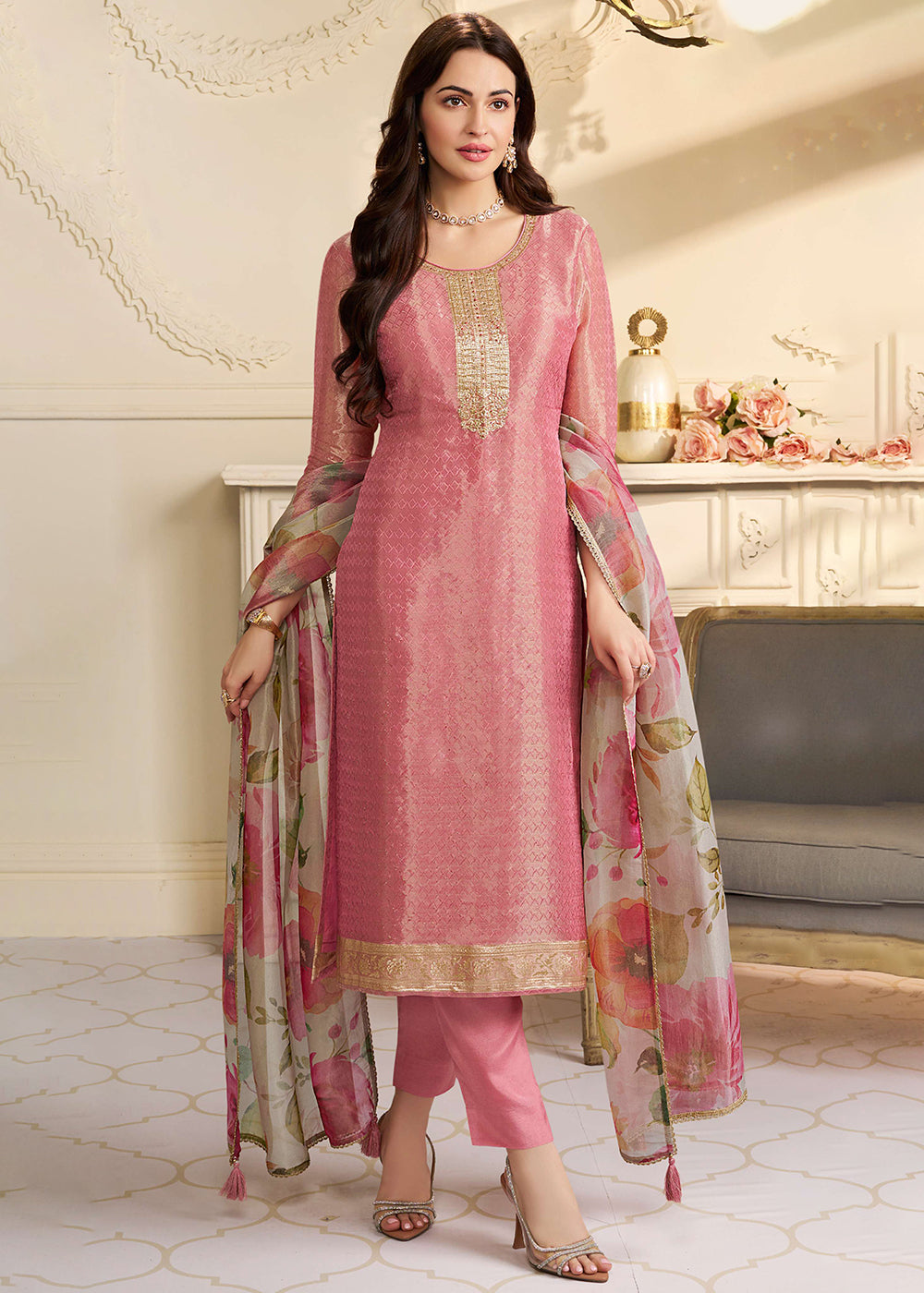 Buy Now Pink Kanchipuram Silk Embroidered Pant Style Suit Online in New York, Yorktown, Toronto, London, Orlando, Munich, Chicago, Miami & Worldwide at Empress.