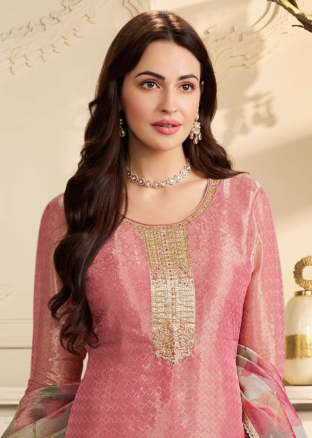 Buy Now Pink Kanchipuram Silk Embroidered Pant Style Suit Online in New York, Yorktown, Toronto, London, Orlando, Munich, Chicago, Miami & Worldwide at Empress.