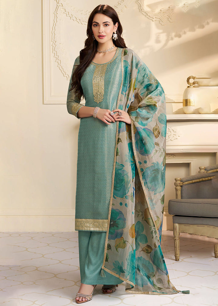 Buy Now Green Kanchipuram Silk Embroidered Pant Style Suit Online in New York, Yorktown, Toronto, London, Orlando, Munich, Chicago, Miami & Worldwide at Empress.