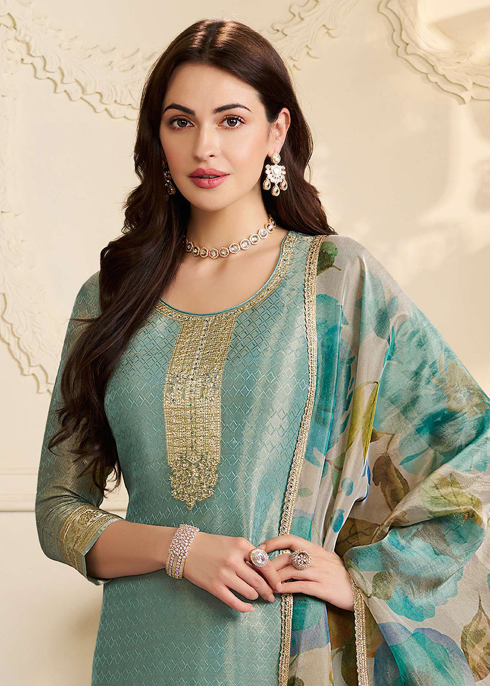 Buy Now Green Kanchipuram Silk Embroidered Pant Style Suit Online in New York, Yorktown, Toronto, London, Orlando, Munich, Chicago, Miami & Worldwide at Empress.