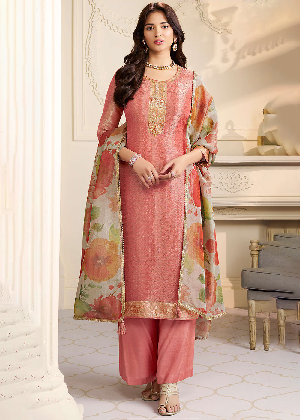 Buy Now Peach Kanchipuram Silk Embroidered Pant Style Suit Online in Newark, Yorktown, Toronto, London, Orlando, Munich, Chicago, Miami & Worldwide at Empress.