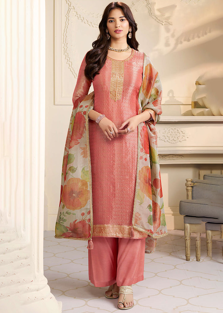 Buy Now Peach Kanchipuram Silk Embroidered Pant Style Suit Online in Newark, Yorktown, Toronto, London, Orlando, Munich, Chicago, Miami & Worldwide at Empress.