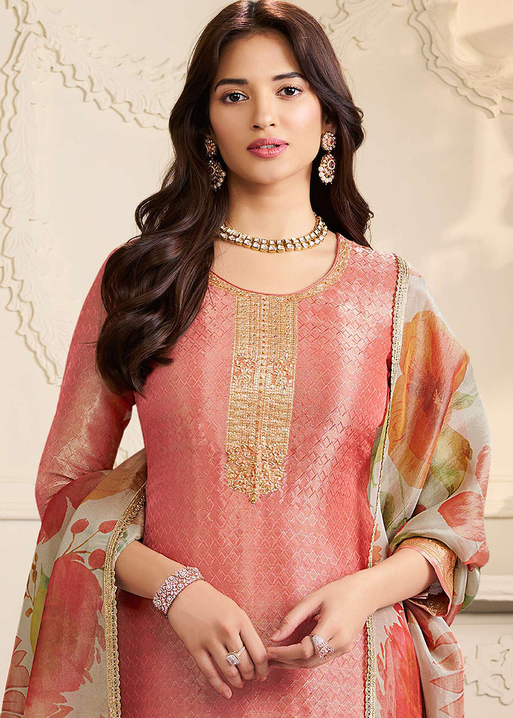 Buy Now Peach Kanchipuram Silk Embroidered Pant Style Suit Online in Newark, Yorktown, Toronto, London, Orlando, Munich, Chicago, Miami & Worldwide at Empress.