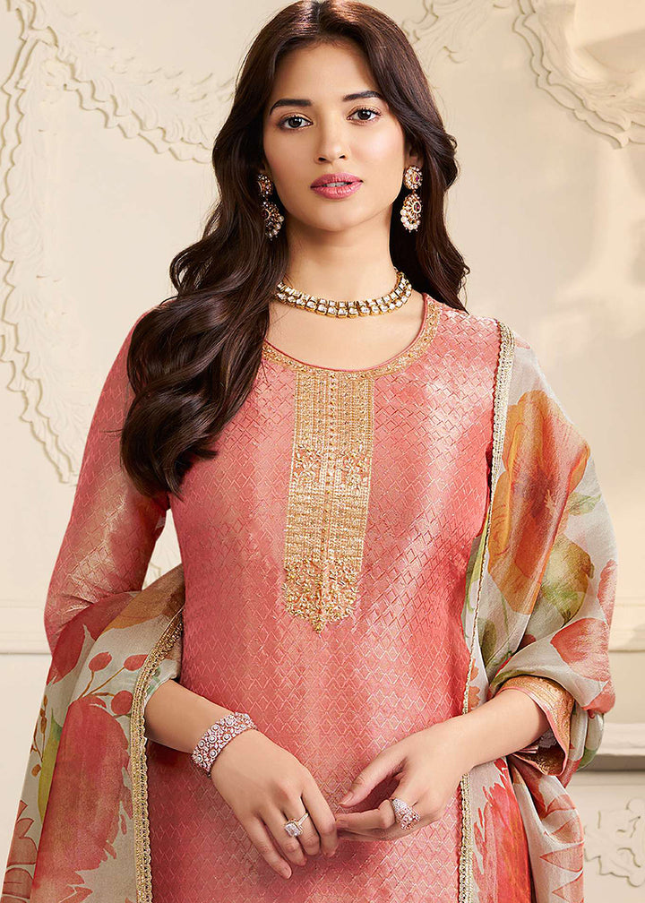 Buy Now Peach Kanchipuram Silk Embroidered Pant Style Suit Online in Newark, Yorktown, Toronto, London, Orlando, Munich, Chicago, Miami & Worldwide at Empress.