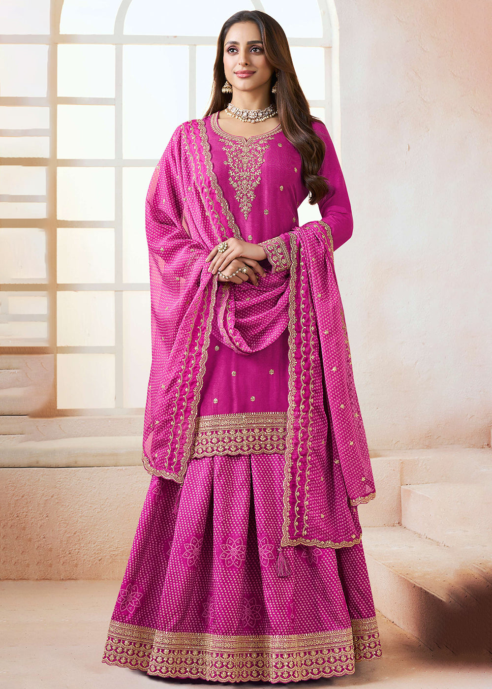 Buy Now Magenta Mooga Silk Ethnic Embroidered Sharara Suit Online in USA, UK, Canada, Germany, Italy, France, Austria, Denmark, UAE & Worldwide at Empress.