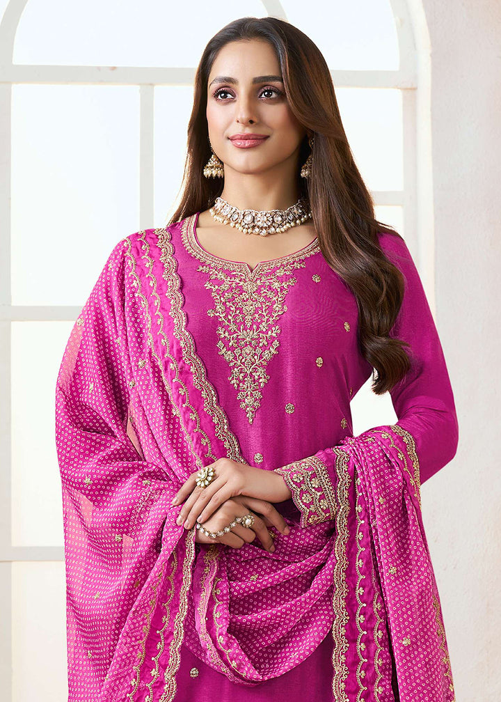 Buy Now Magenta Mooga Silk Ethnic Embroidered Sharara Suit Online in USA, UK, Canada, Germany, Italy, France, Austria, Denmark, UAE & Worldwide at Empress.