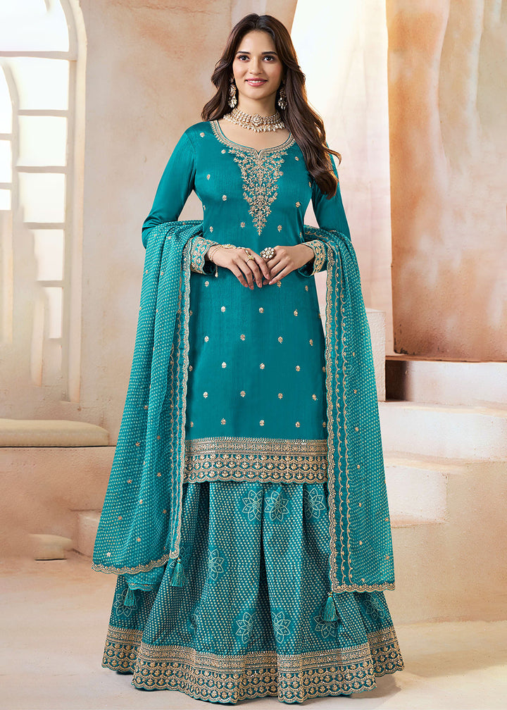 Buy Now Teal Mooga Silk Ethnic Embroidered Sharara Suit Online in USA, UK, Canada, Germany, Italy, France, Austria, Denmark, UAE & Worldwide at Empress.