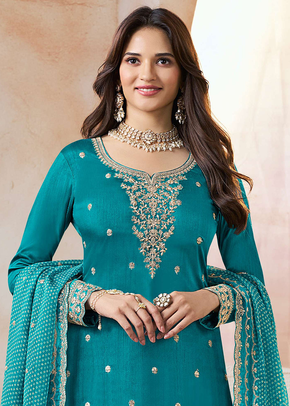 Buy Now Teal Mooga Silk Ethnic Embroidered Sharara Suit Online in USA, UK, Canada, Germany, Italy, France, Austria, Denmark, UAE & Worldwide at Empress.