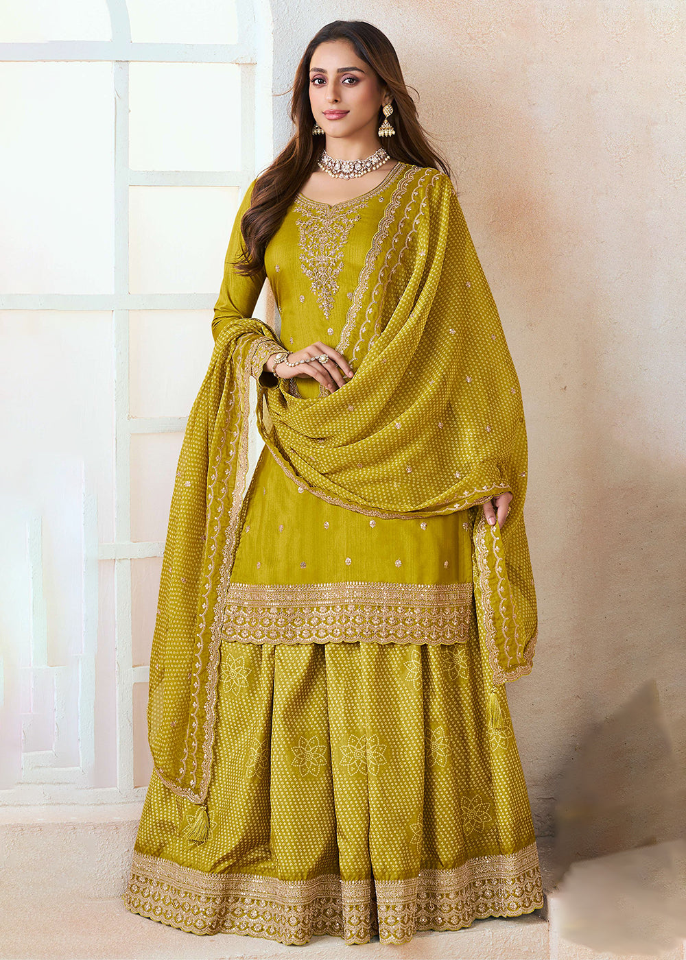 Buy Now Mustard Mooga Silk Ethnic Embroidered Sharara Suit Online in USA, UK, Canada, Germany, Italy, France, Austria, Denmark, UAE & Worldwide at Empress.