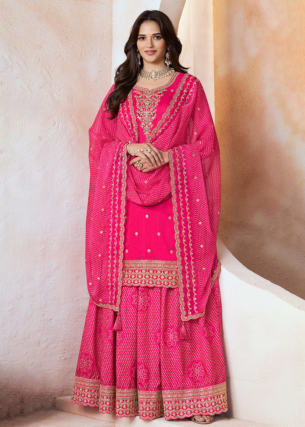 Buy Now Pink Mooga Silk Ethnic Embroidered Sharara Suit Online in USA, UK, Canada, Germany, Italy, France, Austria, Denmark, UAE & Worldwide at Empress.
