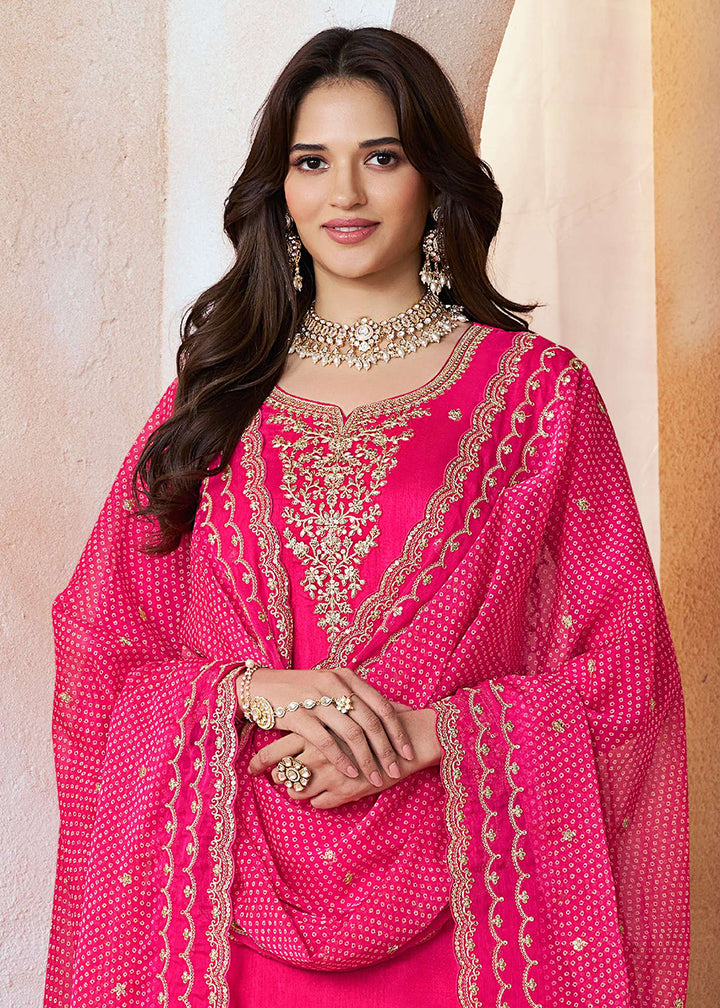 Buy Now Pink Mooga Silk Ethnic Embroidered Sharara Suit Online in USA, UK, Canada, Germany, Italy, France, Austria, Denmark, UAE & Worldwide at Empress.