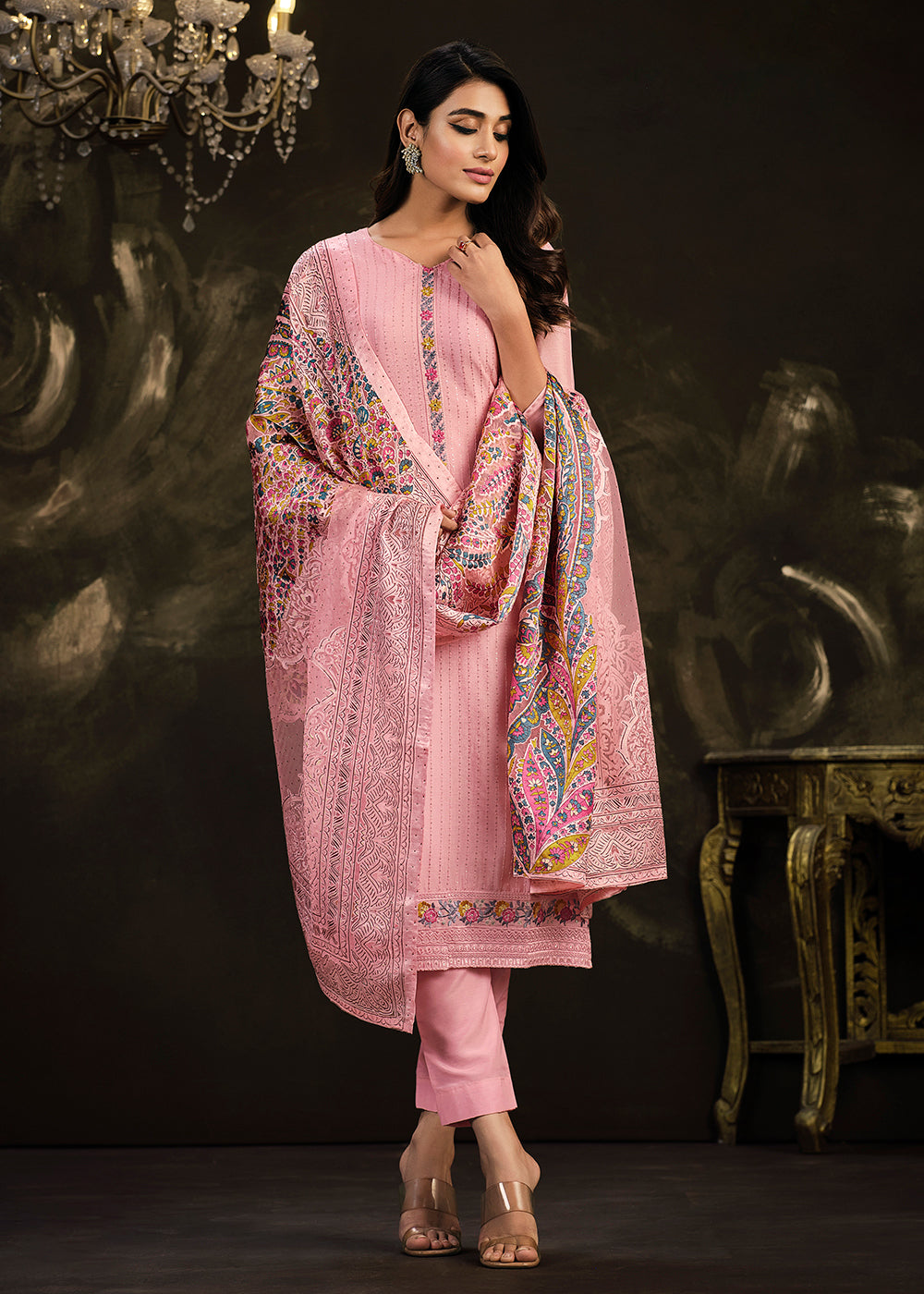 Buy Now Fetching Pink Chinnon Embroidered Pant Style Salwar Suit Online in USA, UK, Canada, Germany, Australia & Worldwide at Empress Clothing. 