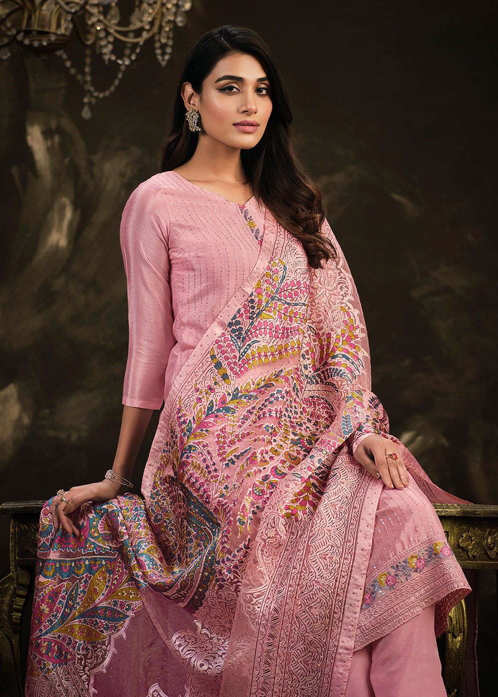 Buy Now Fetching Pink Chinnon Embroidered Pant Style Salwar Suit Online in USA, UK, Canada, Germany, Australia & Worldwide at Empress Clothing. 
