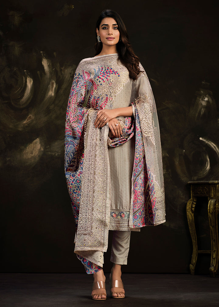 Buy Now Fetching Grey Chinnon Embroidered Pant Style Salwar Suit Online in USA, UK, Canada, Germany, Australia & Worldwide at Empress Clothing. 