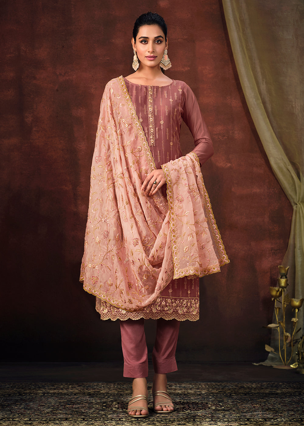 Buy Now Taupe Mauve Shimmer Organza Embroidered Salwar Suit Online in USA, UK, Canada, Germany, Australia & Worldwide at Empress Clothing.