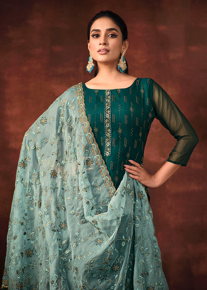 Buy Now Morpich Green Shimmer Organza Embroidered Salwar Suit Online in USA, UK, Canada, Germany, Australia & Worldwide at Empress Clothing.