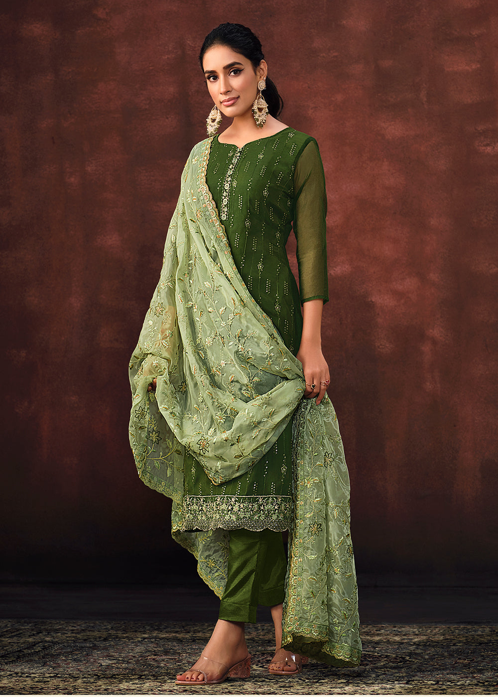 Buy Now Dark Green Shimmer Organza Embroidered Salwar Suit Online in USA, UK, Canada, Germany, Australia & Worldwide at Empress Clothing. 