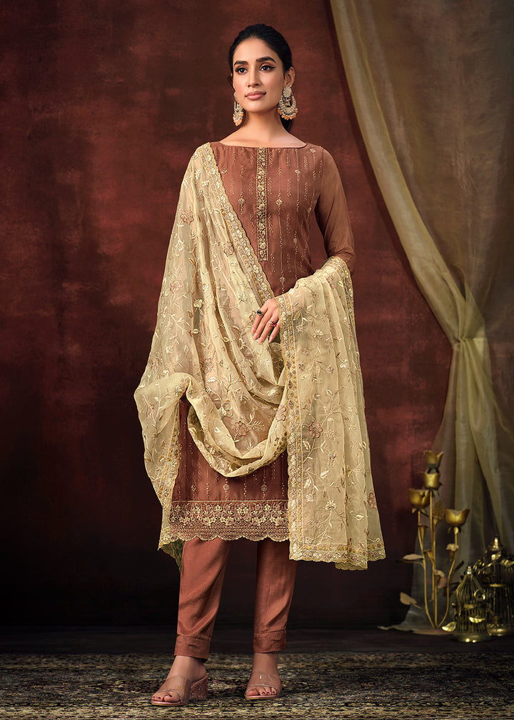Buy Now Rust Brown Shimmer Organza Embroidered Salwar Suit Online in USA, UK, Canada, Germany, Australia & Worldwide at Empress Clothing.