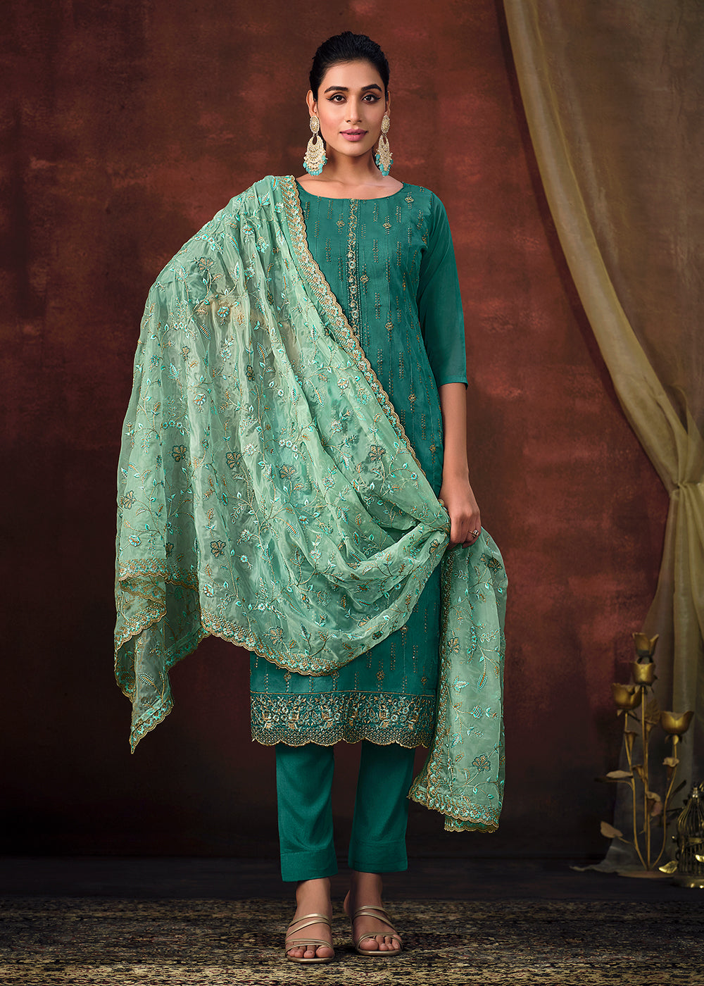Buy Now Teal Blue Shimmer Organza Embroidered Salwar Suit Online in USA, UK, Canada, Germany, Australia & Worldwide at Empress Clothing. 