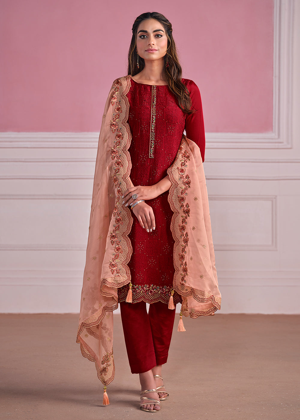 Red Zari Embroidered Suit In Georgette Latest 3823SL16