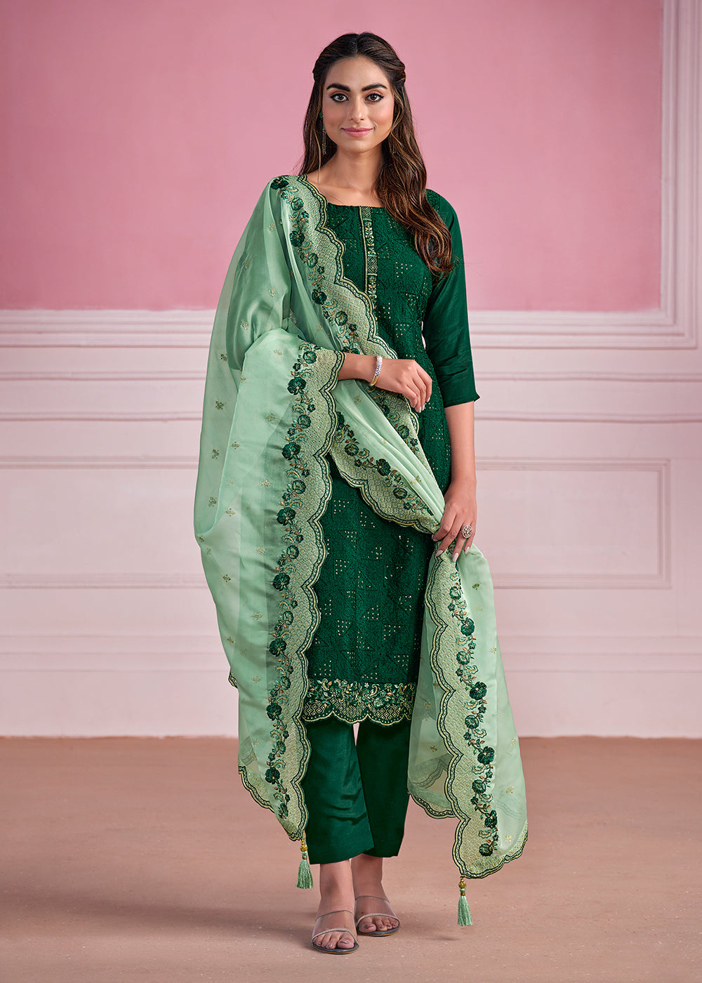 Buy Now Green Chinnon Chiffon Chikankari Embroidered Salwar Suit Online in USA, UK, Canada, Germany, Australia & Worldwide at Empress Clothing. 