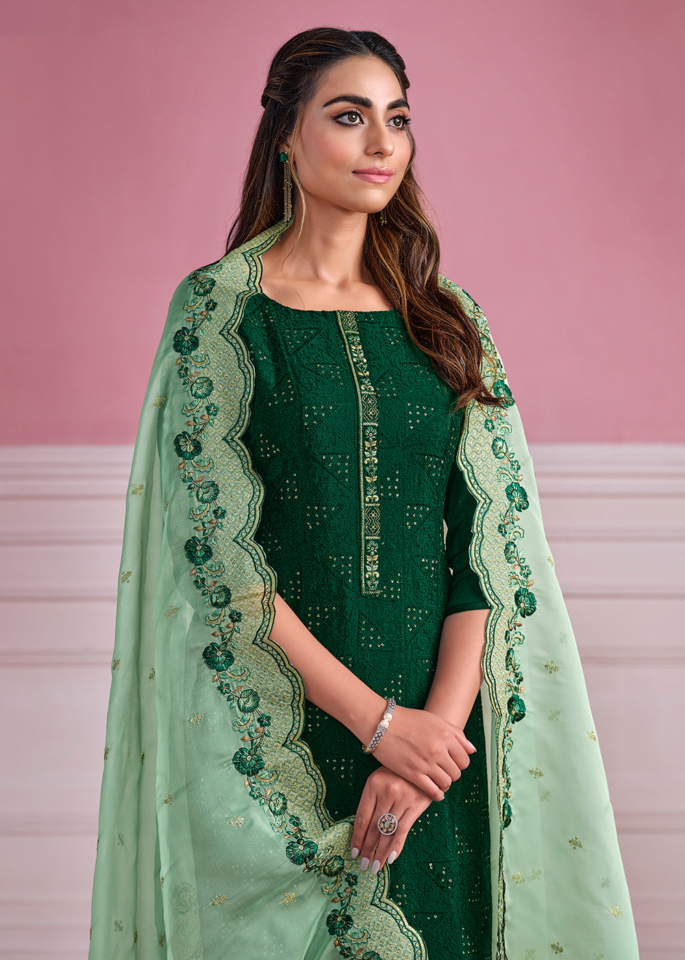 Buy Now Green Chinnon Chiffon Chikankari Embroidered Salwar Suit Online in USA, UK, Canada, Germany, Australia & Worldwide at Empress Clothing. 