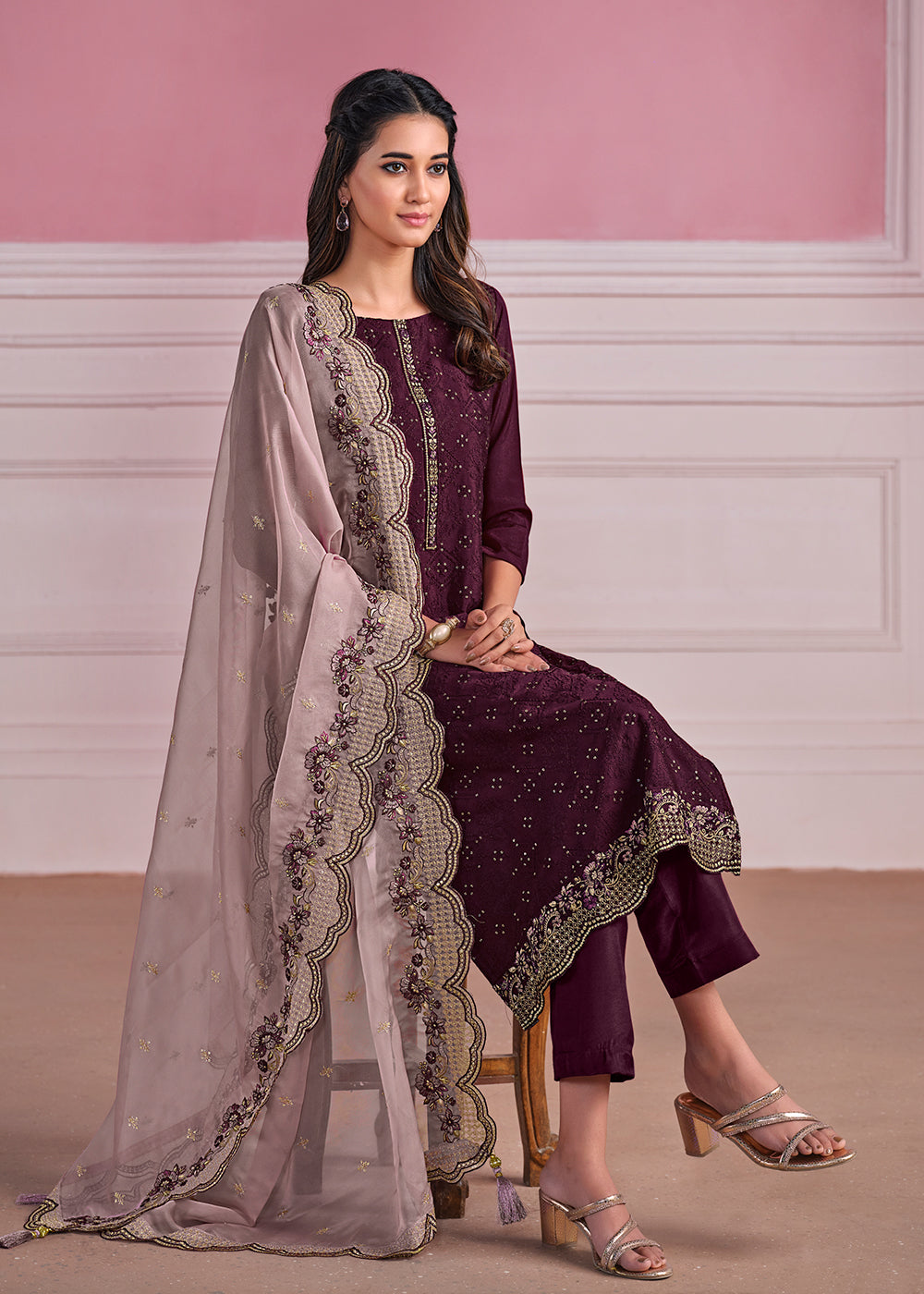 Buy Now Purple Chinnon Chiffon Chikankari Embroidered Salwar Suit Online in USA, UK, Canada, Germany, Australia & Worldwide at Empress Clothing.