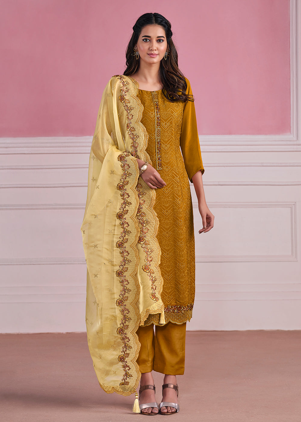 Buy Now Mustard Chinnon Chiffon Chikankari Embroidered Salwar Suit Online in USA, UK, Canada, Germany, Australia & Worldwide at Empress Clothing. 